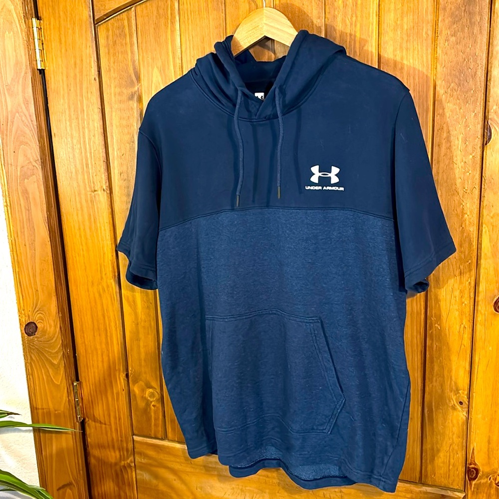 Under Armour Short Sleeve Athleisure Hoodie Shirt Mens Two-Tone Navy Blue Gym XL
